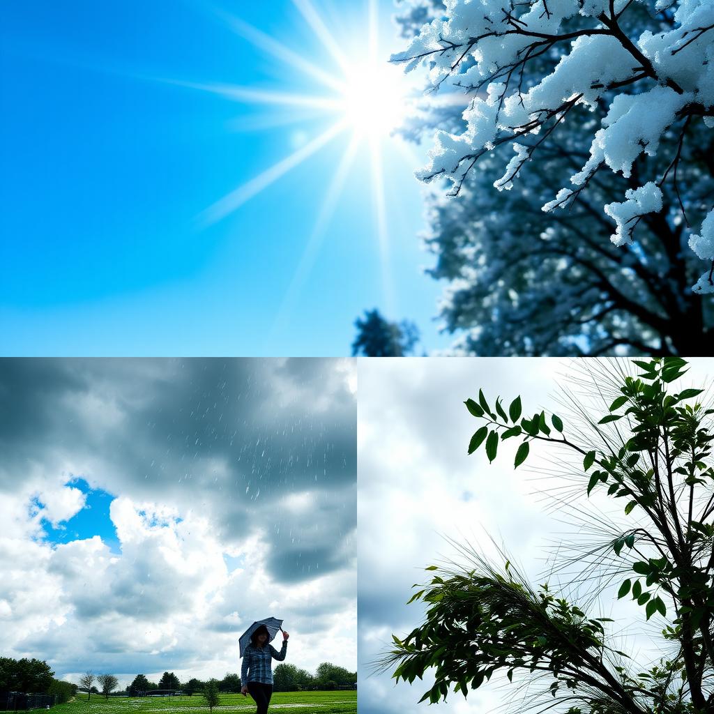 A split image divided into four equal parts, each showcasing a different type of weather