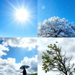 A split image divided into four equal parts, each showcasing a different type of weather