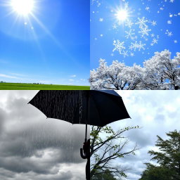 A split image divided into four equal parts, each showcasing a different type of weather