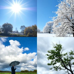 A split image divided into four equal parts, each showcasing a different type of weather