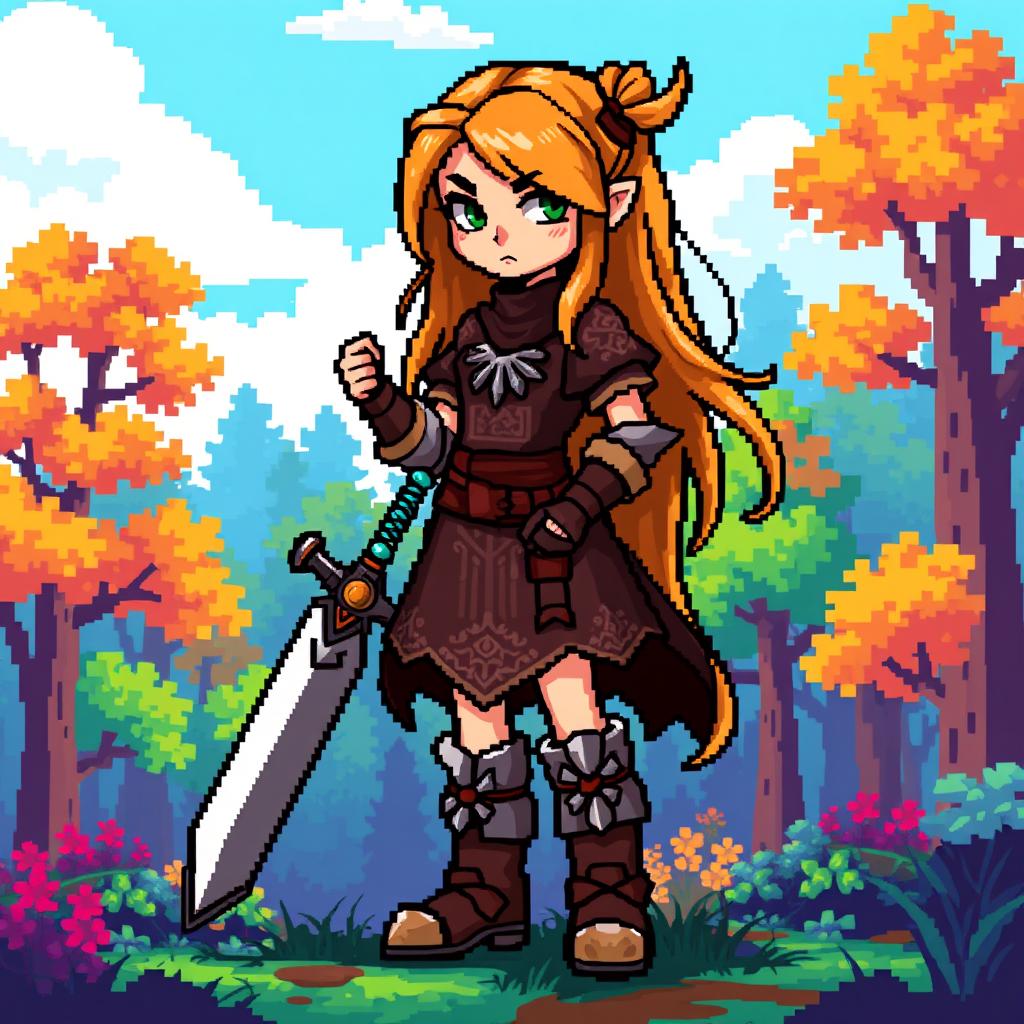 A pixel art character named Pisyaskuf, a girl with long flowing hair and a determined expression, holding an iron sword in her left hand
