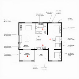 A detailed floor plan drawing of a modern house designed with an emphasis on fire safety
