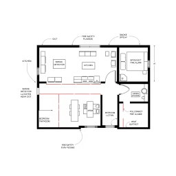 A detailed floor plan drawing of a modern house designed with an emphasis on fire safety