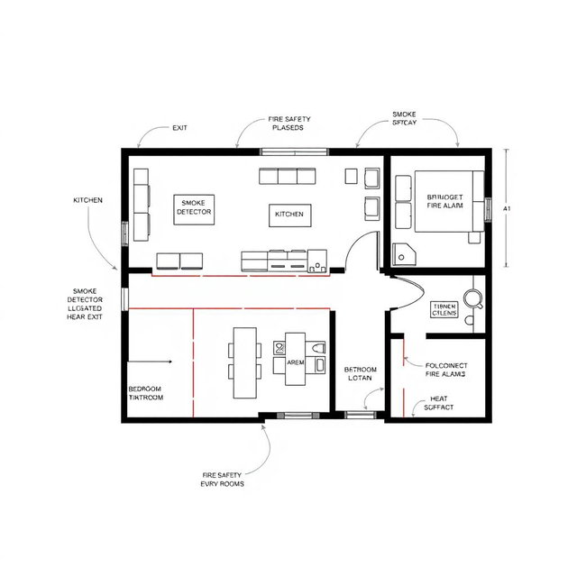 A detailed floor plan drawing of a modern house designed with an emphasis on fire safety