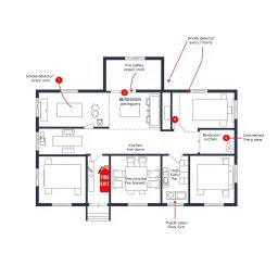 A detailed floor plan drawing of a modern house designed with an emphasis on fire safety