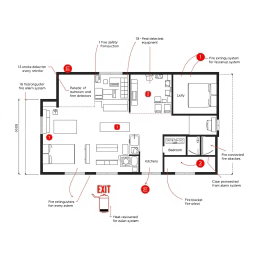 A detailed floor plan drawing of a modern house designed with an emphasis on fire safety