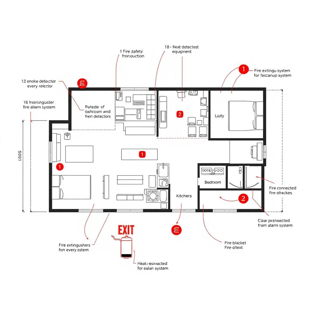 A detailed floor plan drawing of a modern house designed with an emphasis on fire safety