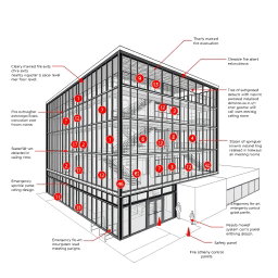 A detailed architectural drawing of a large commercial building designed with comprehensive fire safety equipment throughout