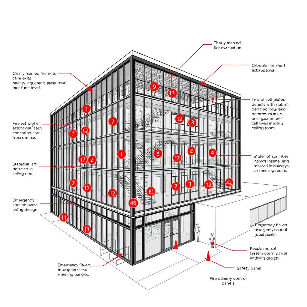 A detailed architectural drawing of a large commercial building designed with comprehensive fire safety equipment throughout