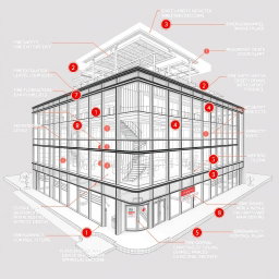 A detailed architectural drawing of a large commercial building designed with comprehensive fire safety equipment throughout