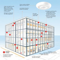 A detailed architectural drawing of a large commercial building designed with comprehensive fire safety equipment throughout