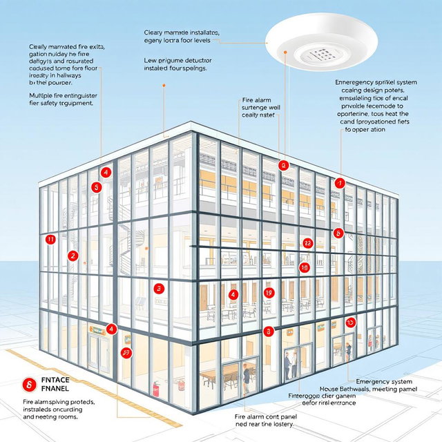 A detailed architectural drawing of a large commercial building designed with comprehensive fire safety equipment throughout