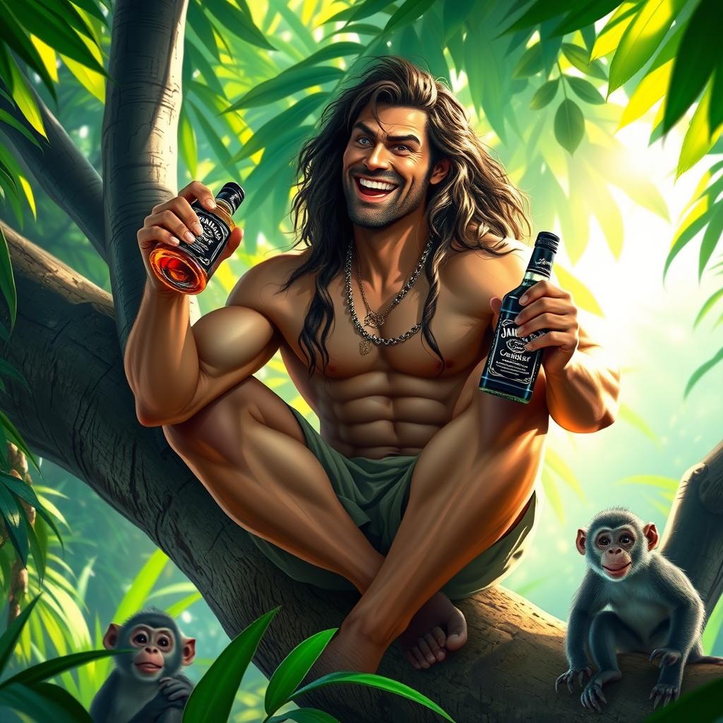 Tarzan, a muscular and wild jungle man with long, flowing hair, sitting on a large tree branch in a lush green jungle
