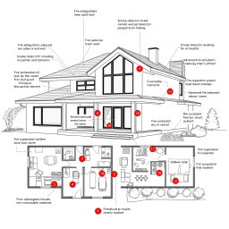 A comprehensive architectural drawing of a modern house designed with an emphasis on integrated fire safety equipment