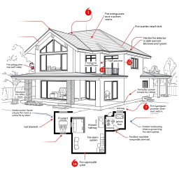 A comprehensive architectural drawing of a modern house designed with an emphasis on integrated fire safety equipment