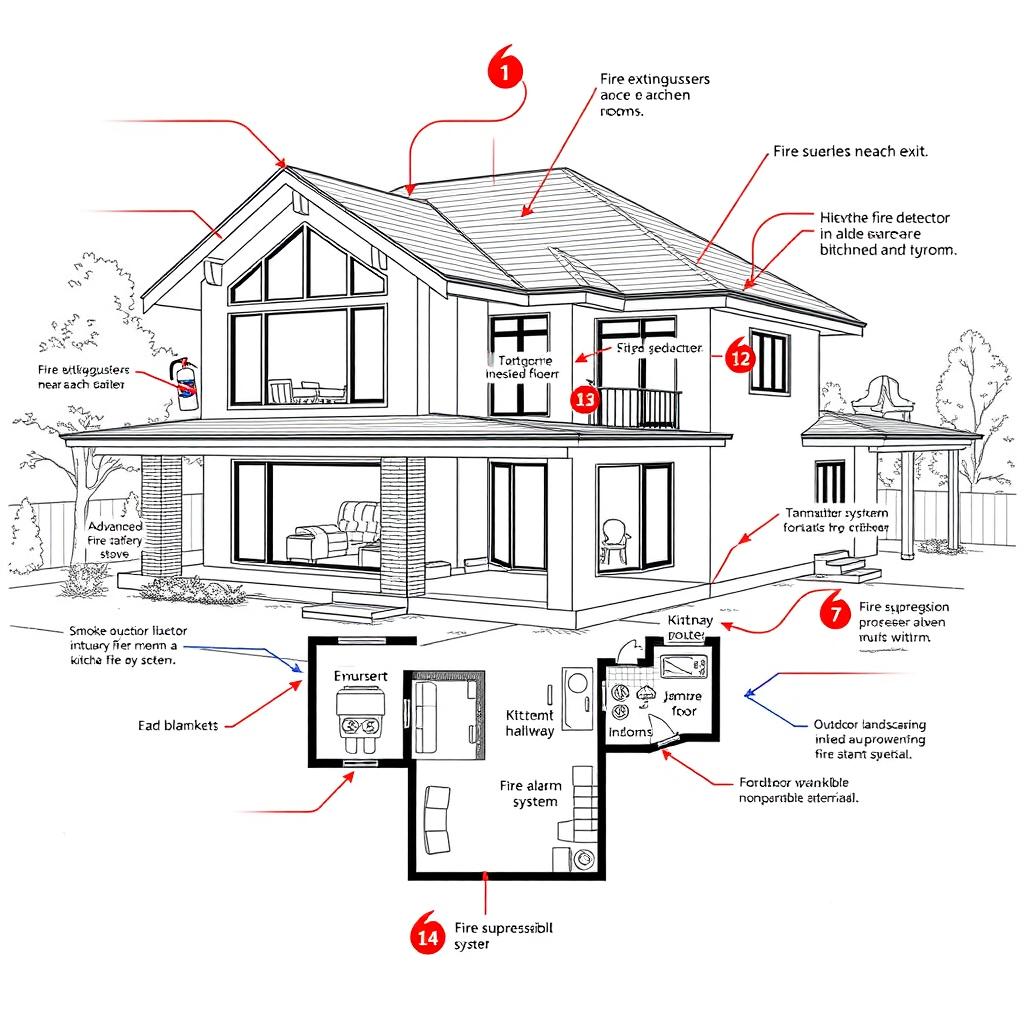 A comprehensive architectural drawing of a modern house designed with an emphasis on integrated fire safety equipment