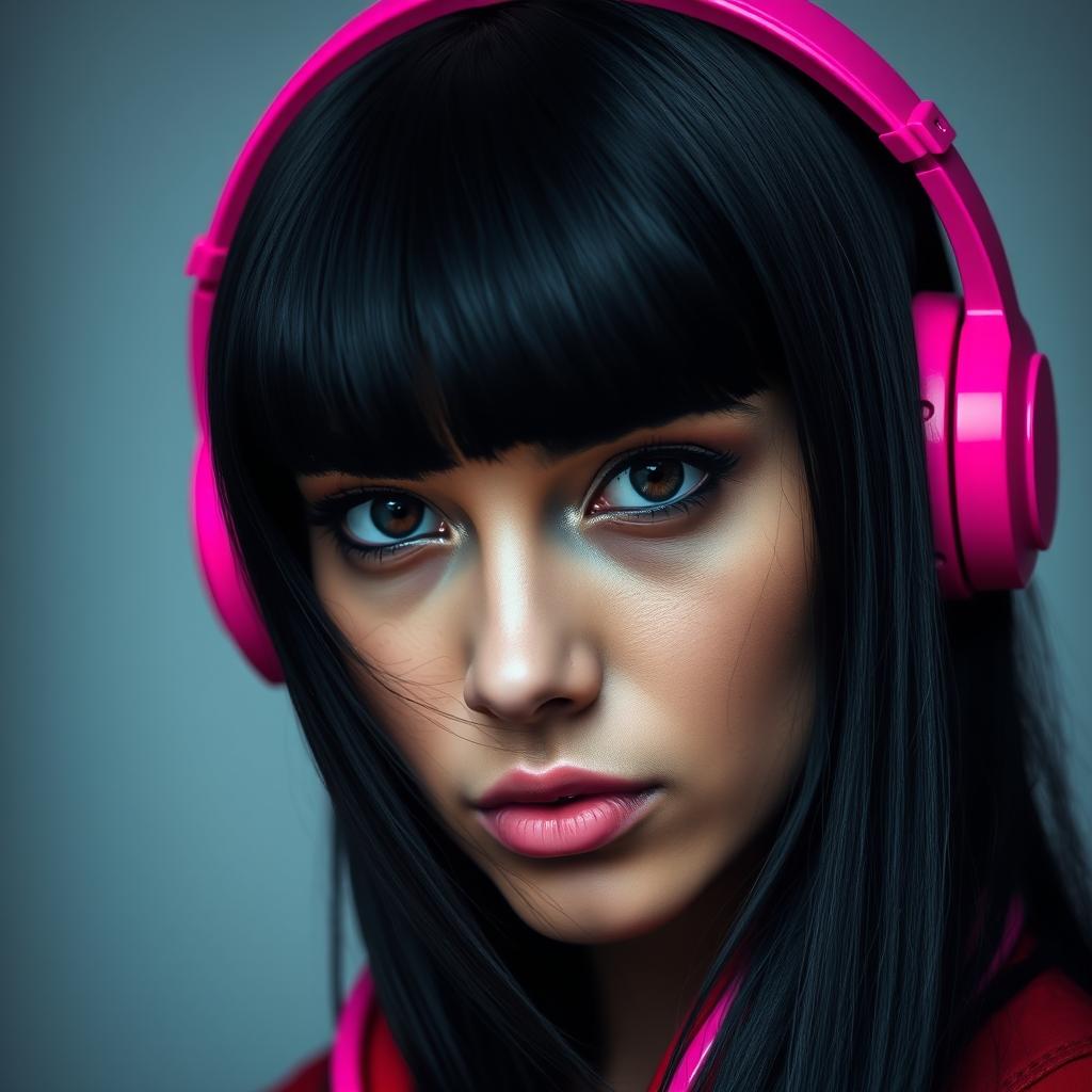 A striking portrait of a person with long, straight black hair featuring side bangs