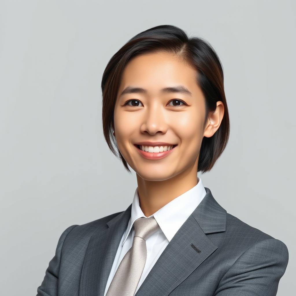 A formal portrait suitable for a job application, featuring a professional adult dressed in a tailored suit with a crisp white shirt and a smart tie