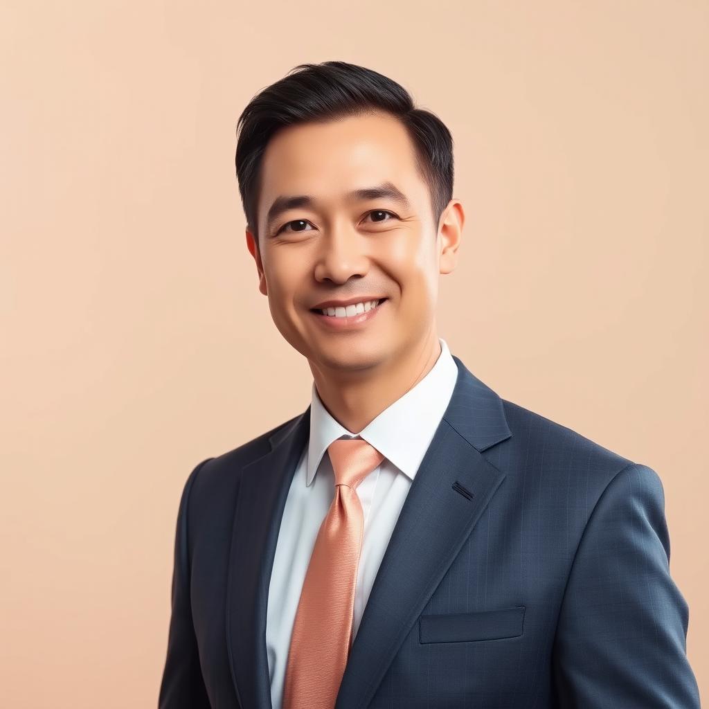 A formal portrait suitable for a job application, featuring a professional adult in a well-fitted business suit paired with a crisp white dress shirt and a neat tie