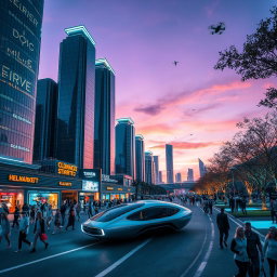 A scene depicting a futuristic cityscape at dusk, with towering skyscrapers made of glass and chrome reflecting neon lights