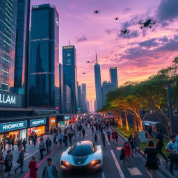 A scene depicting a futuristic cityscape at dusk, with towering skyscrapers made of glass and chrome reflecting neon lights
