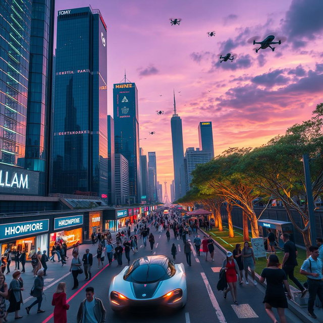 A scene depicting a futuristic cityscape at dusk, with towering skyscrapers made of glass and chrome reflecting neon lights