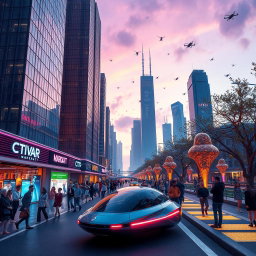 A scene depicting a futuristic cityscape at dusk, with towering skyscrapers made of glass and chrome reflecting neon lights