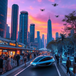 A scene depicting a futuristic cityscape at dusk, with towering skyscrapers made of glass and chrome reflecting neon lights