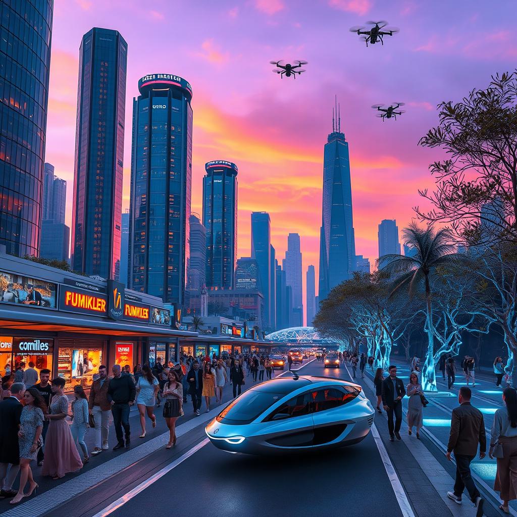 A scene depicting a futuristic cityscape at dusk, with towering skyscrapers made of glass and chrome reflecting neon lights