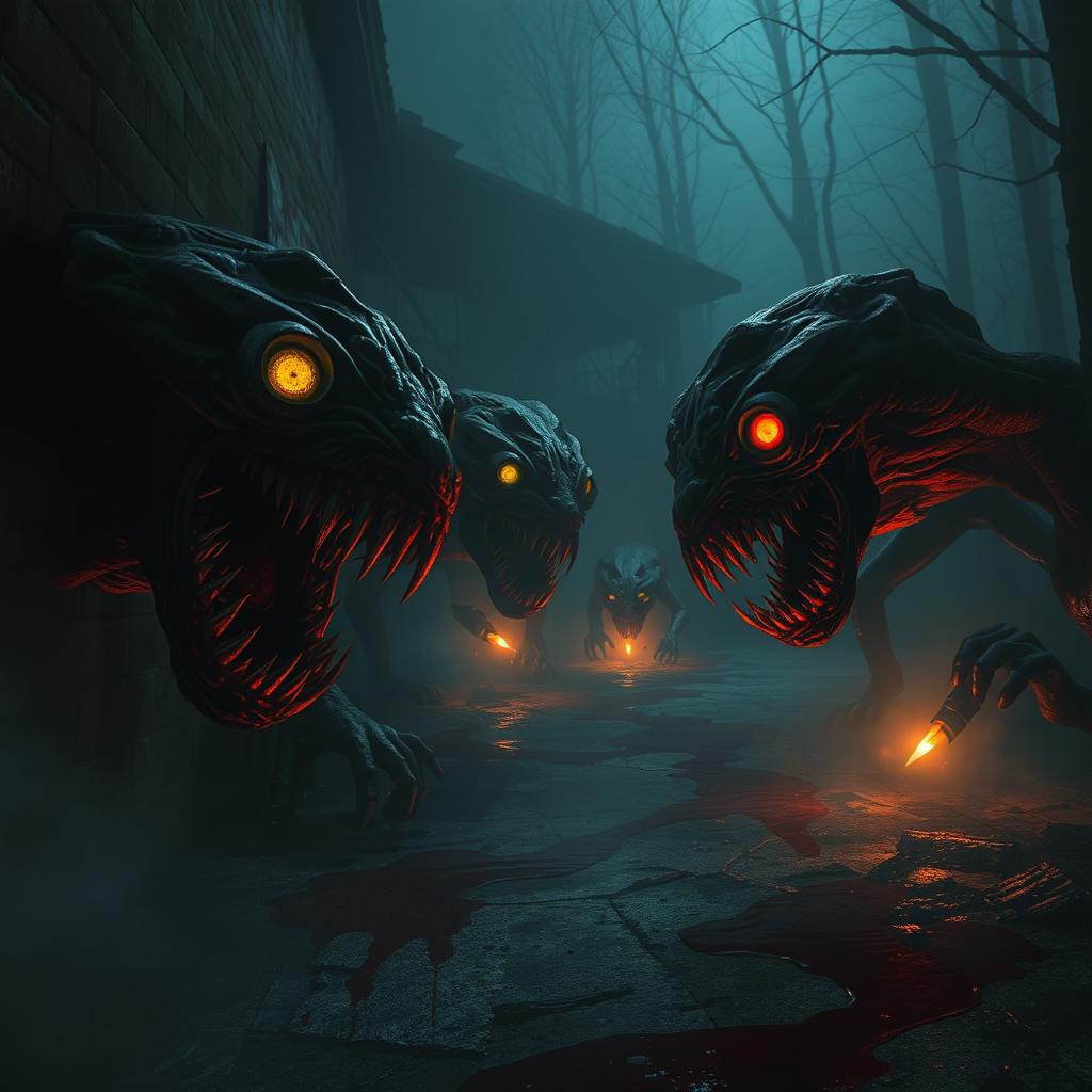 A chilling scene from a video game horror setting, featuring creepy, distorted creatures lurking in the shadows with jagged teeth and glowing eyes
