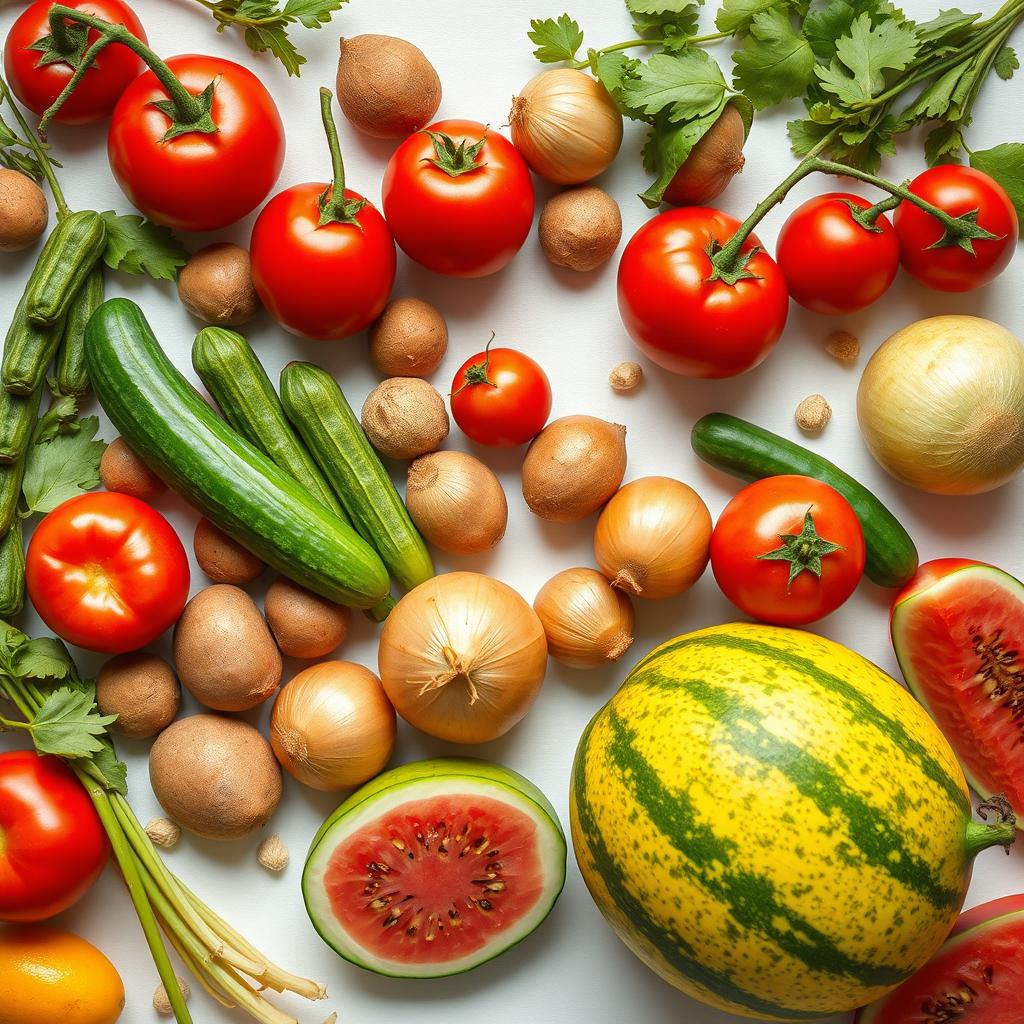 A vibrant, high-definition photo featuring a variety of fresh vegetables and fruits arranged artistically on a pristine white background
