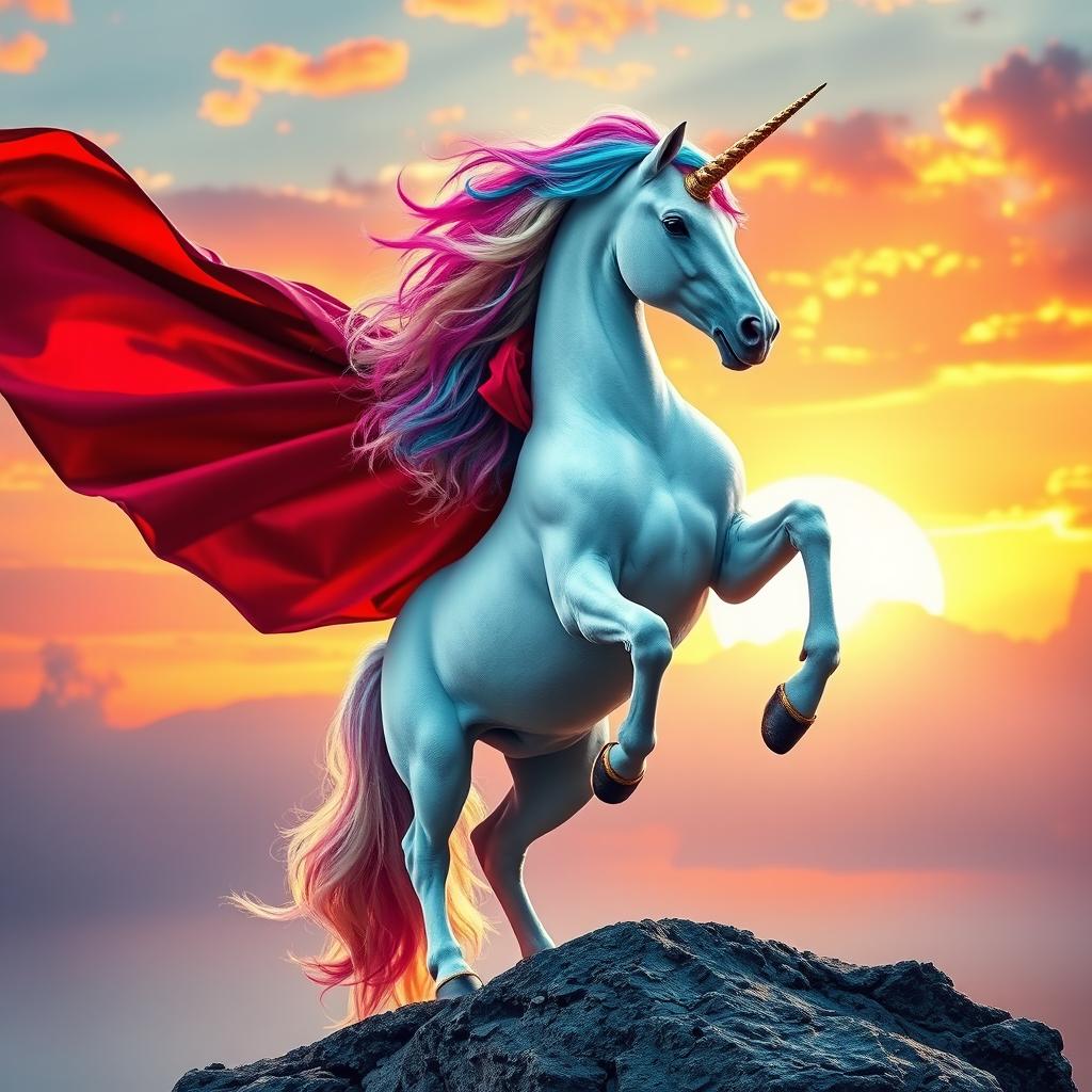 A majestic unicorn with a vibrant, multicolored mane standing in a heroic pose, reminiscent of Superman