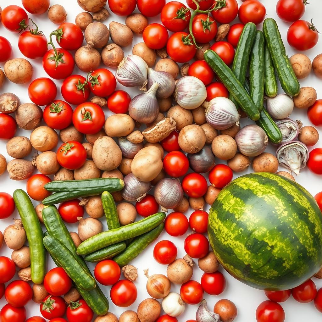 A vibrant, high-resolution photograph featuring a variety of fresh vegetables and fruits scattered on a clean white background