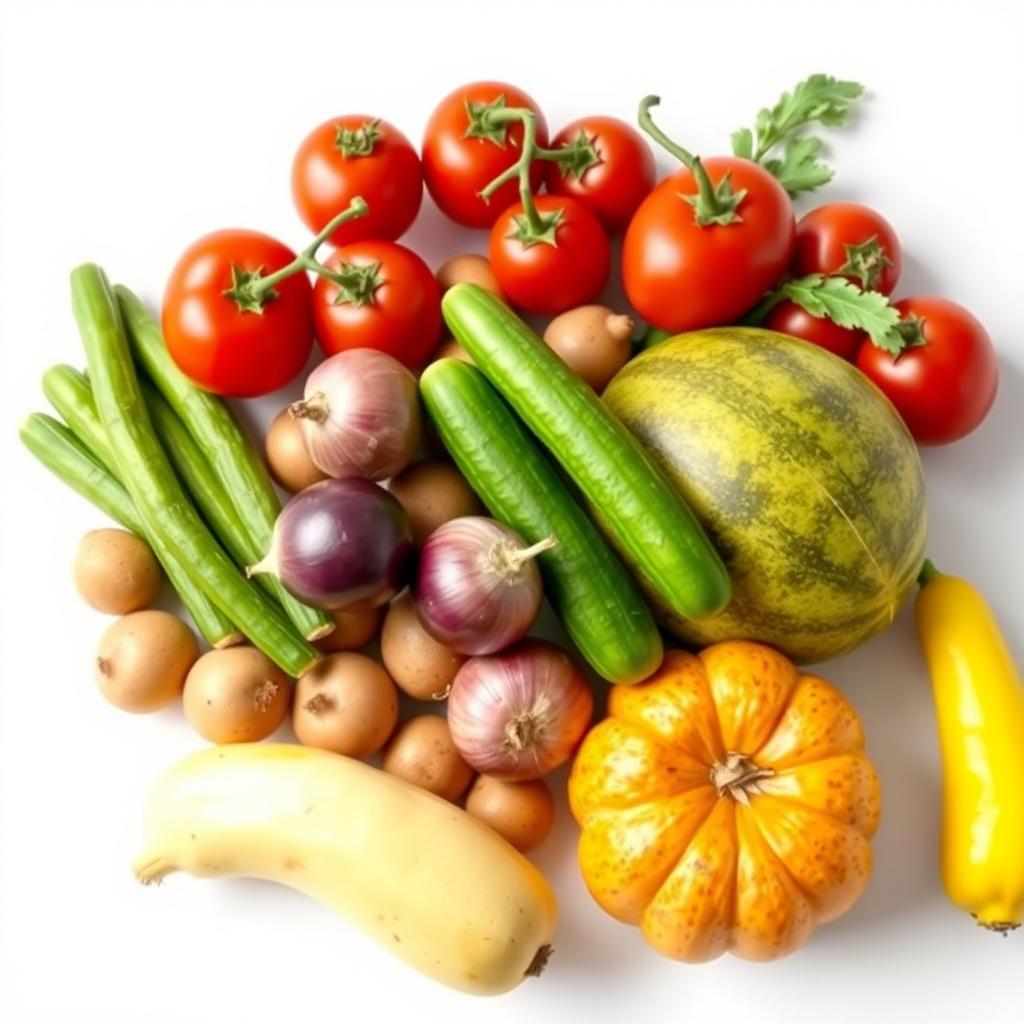 A vibrant still life image featuring a variety of fresh vegetables and fruits including red ripe tomatoes, golden brown potatoes, green cucumbers, purple onions, juicy watermelons, and yellow squash