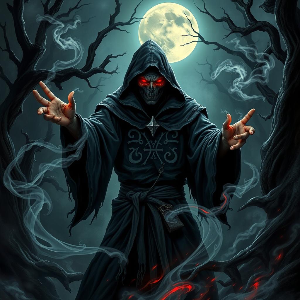 A dark sorcerer casting spells in a shadowy forest, surrounded by swirling mystical energies