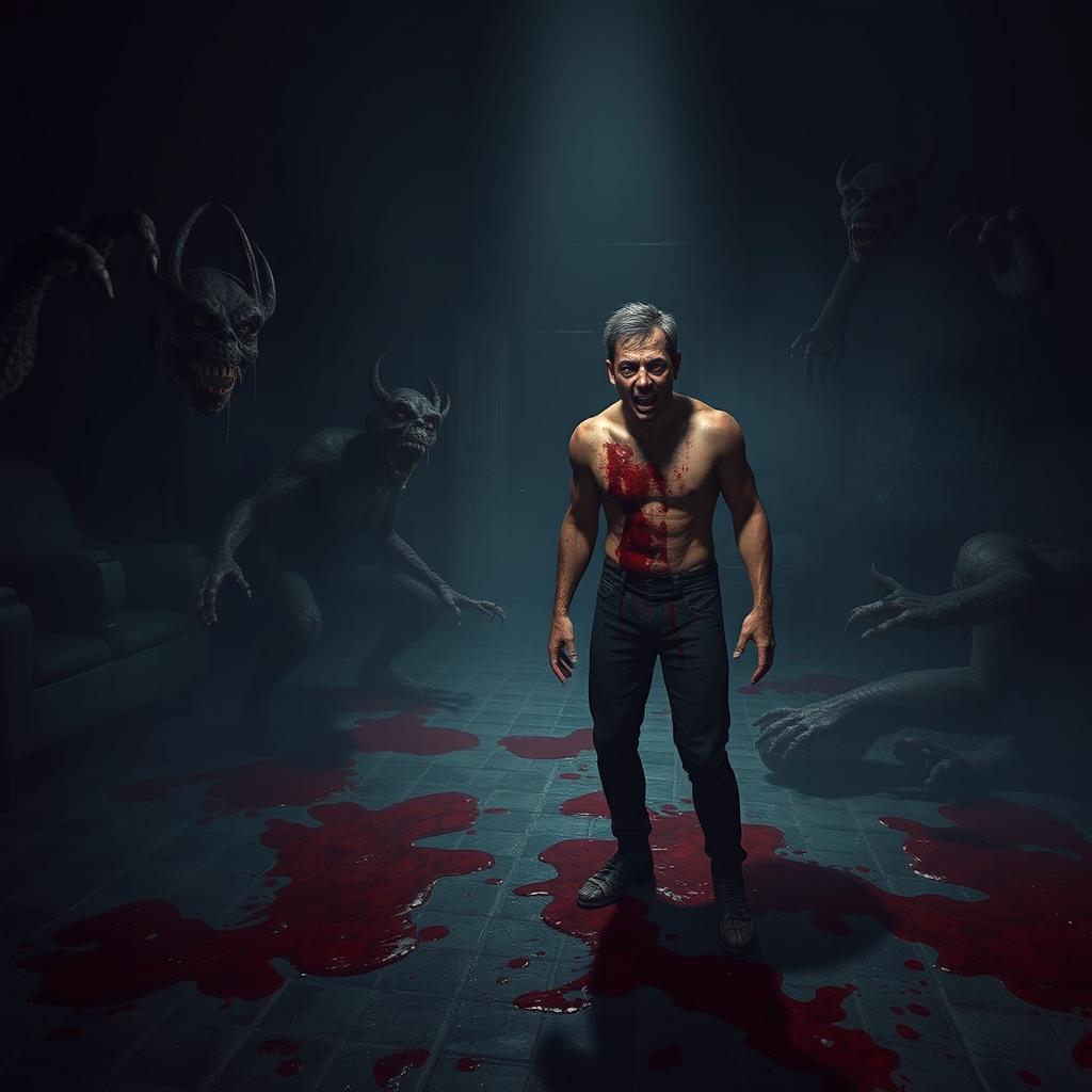 A dark and terrifying scene from a video game horror setting, featuring a dimly lit environment filled with eerie shadows and unsettling imagery