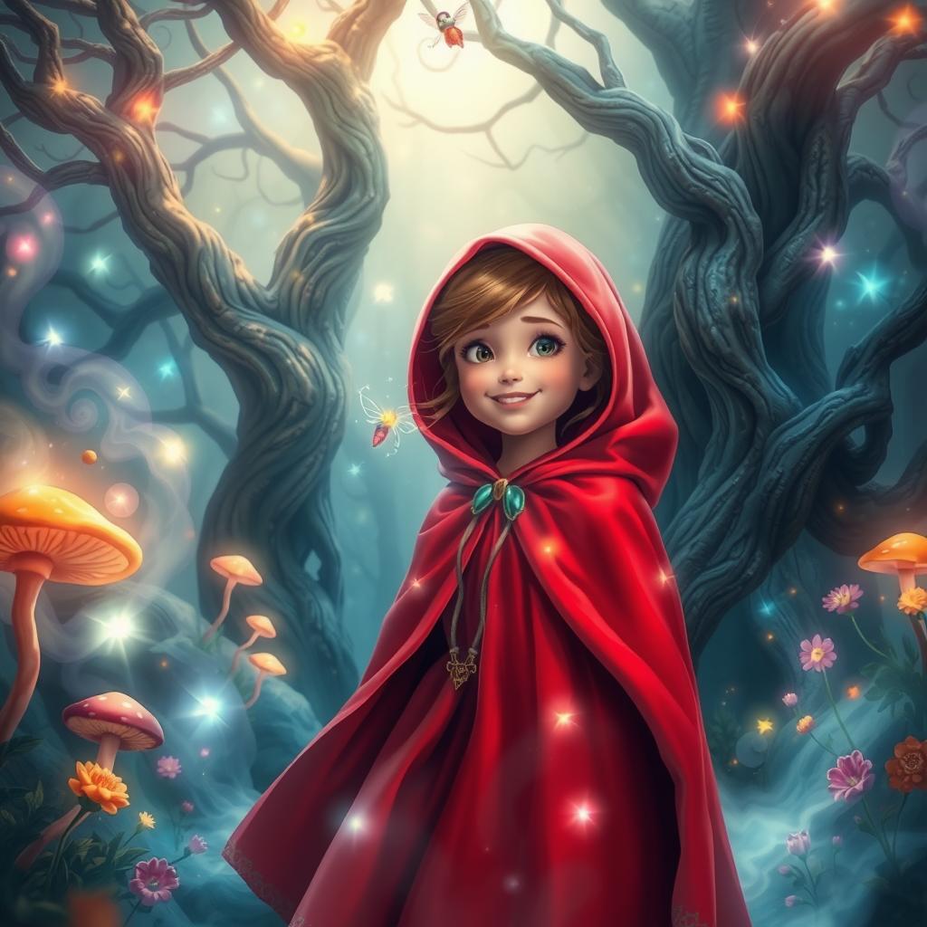 A magical scene featuring Little Red Riding Hood in a mystical forest, wearing a vibrant red cloak that shimmers with enchantment