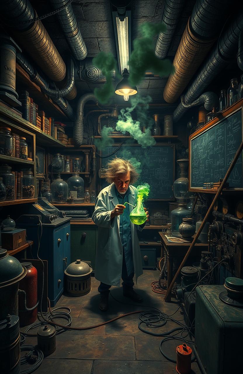 A dark, eerie basement filled with an array of strange gadgets and scientific equipment
