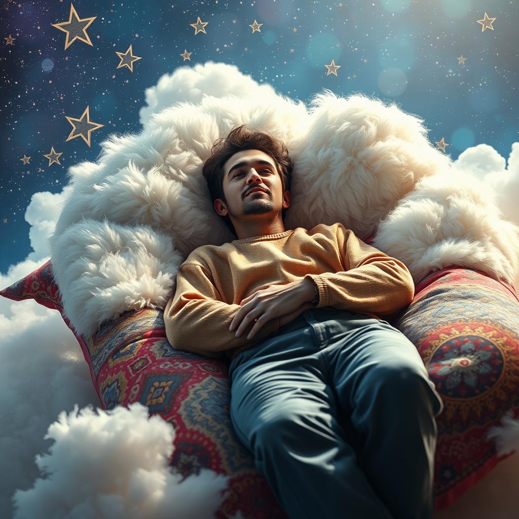 A whimsical and surreal scene featuring a man lounging on a fluffy, oversized pillow