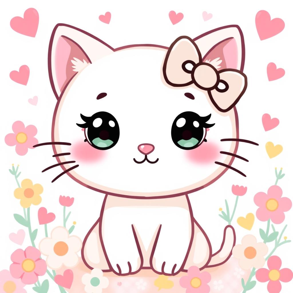 A playful and whimsical illustration of a cartoon cat inspired by the style of Hello Kitty