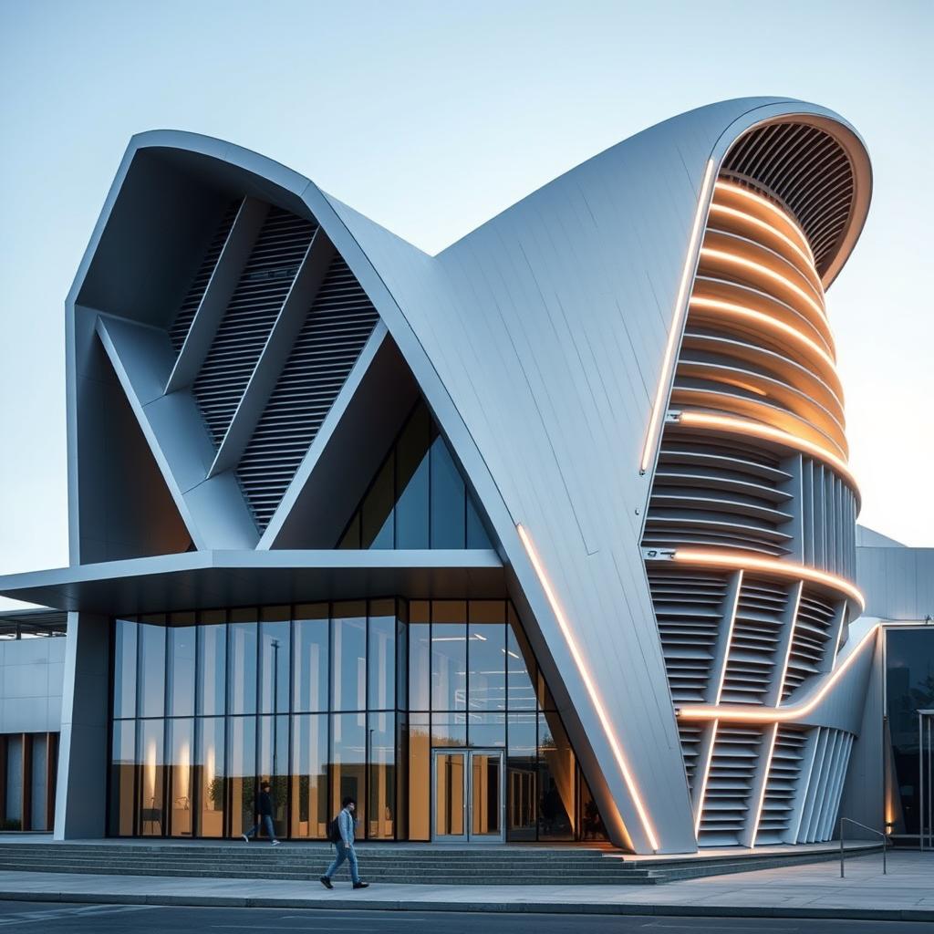 An architectural marvel for a front elevation that elegantly mimics the V-shape of a V12 engine, featuring angular and sloping facades converging towards the center for a cohesive design