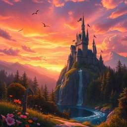 A stunning fantasy landscape featuring a majestic castle atop a cliff surrounded by lush forests and a sparkling river below