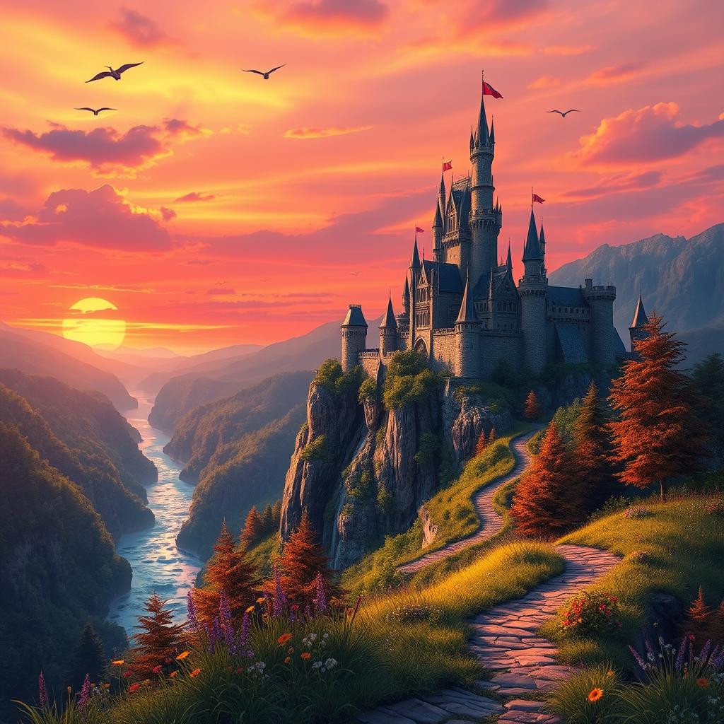 A stunning fantasy landscape featuring a majestic castle atop a cliff surrounded by lush forests and a sparkling river below