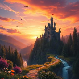 A stunning fantasy landscape featuring a majestic castle atop a cliff surrounded by lush forests and a sparkling river below