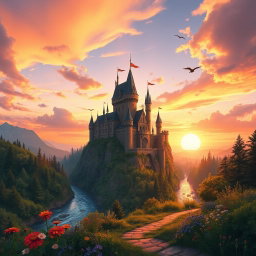 A stunning fantasy landscape featuring a majestic castle atop a cliff surrounded by lush forests and a sparkling river below