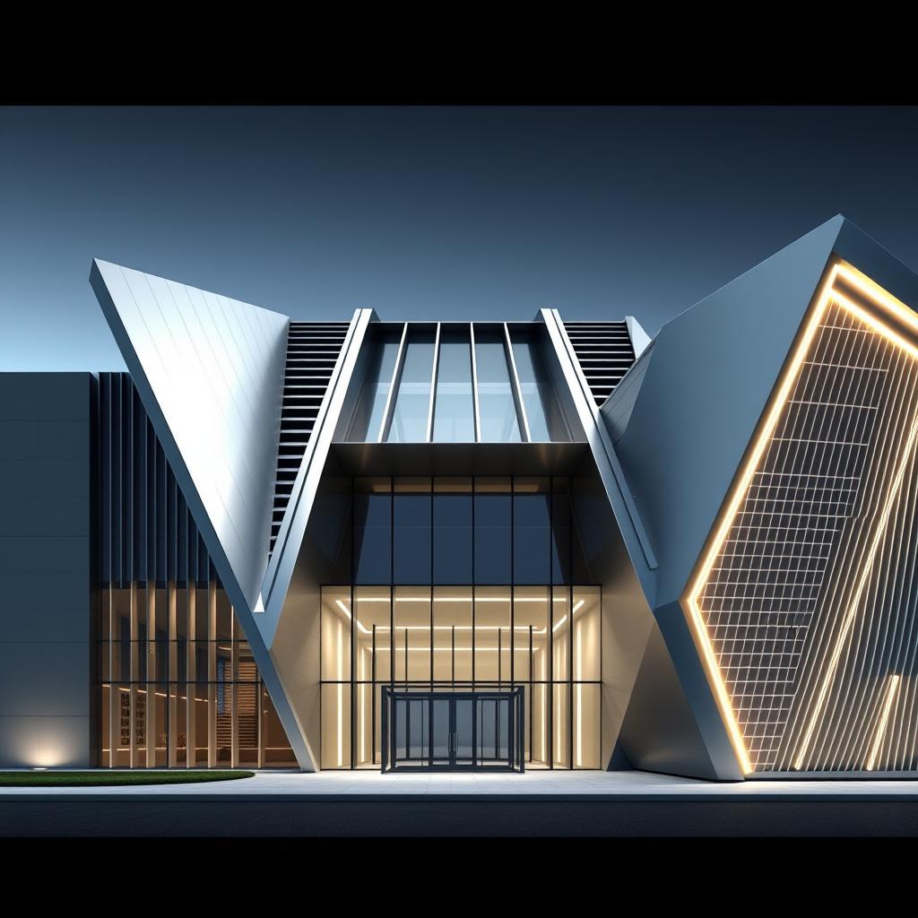 A striking architectural design for a front elevation that captures the V-shape of a V12 engine, characterized by angular and sloping facades converging toward the center