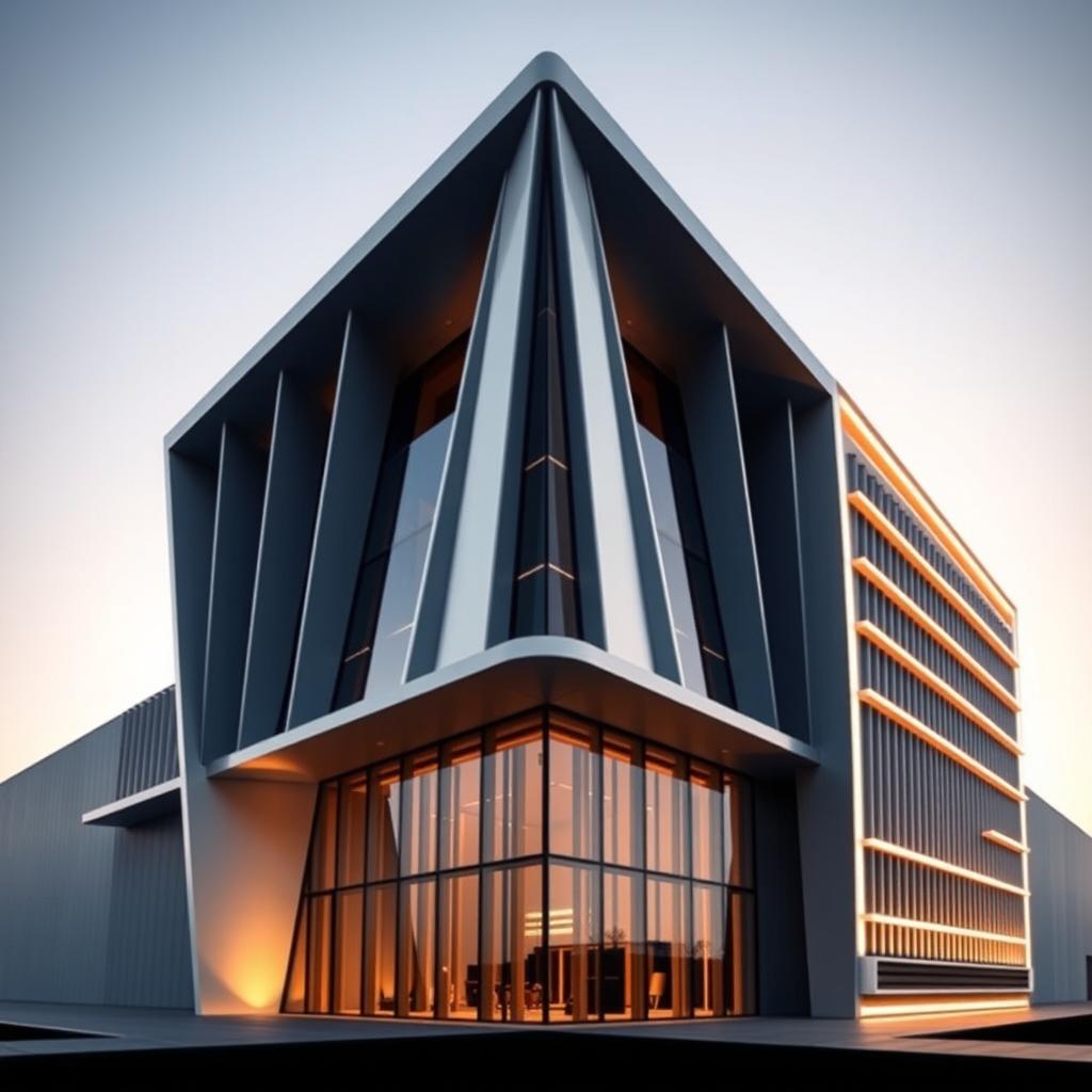 A groundbreaking architectural design for a front elevation that expertly mimics the V-shape of a V12 engine, featuring sharp angular and sloping facades that converge toward the center for a striking silhouette