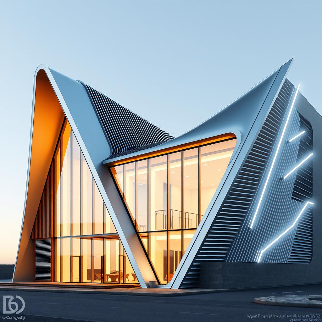 An innovative architectural design for a front elevation that mimics the V-shape of a V12 engine, featuring sharp angular and sloping facades that elegantly converge toward the center