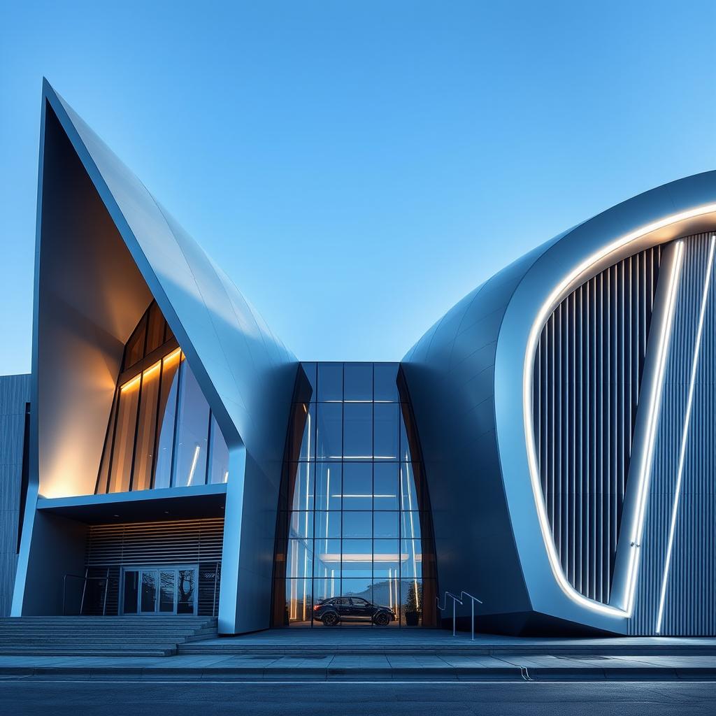An innovative architectural front elevation inspired by the V-shape of a V12 engine, featuring angular and sloping facades that converge elegantly toward the center