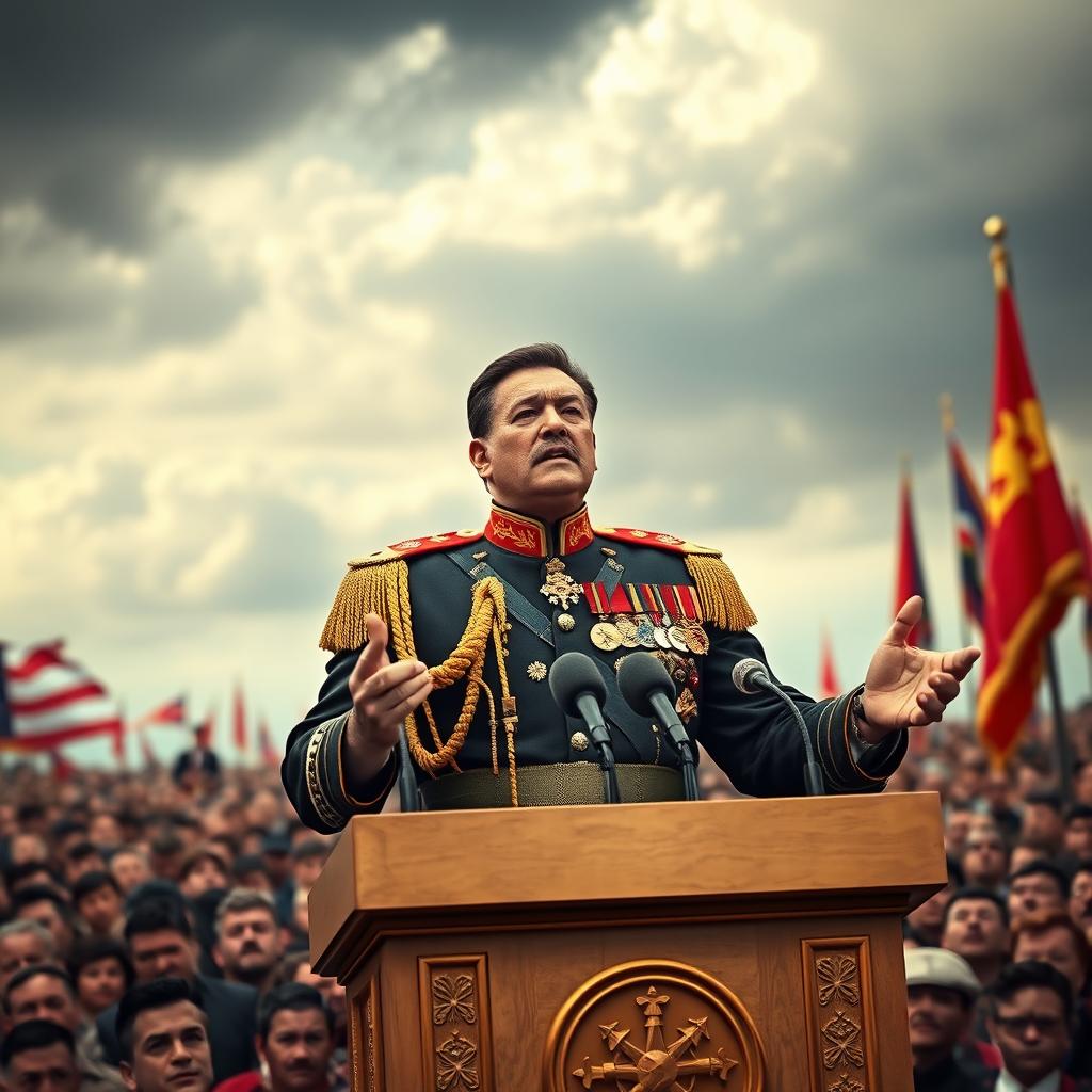 A powerful, imposing dictator standing at a podium, delivering a passionate speech to a large crowd